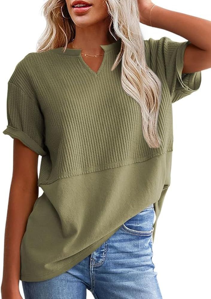 SHEWIN Womens Casual V Neck Waffle Knit Tops Short Sleeve T Shirts Loose Blouses | Amazon (US)