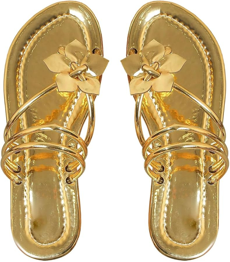 OYOANGLE Women's 3D Floral Leather Slide Sandals Metallic Toe Post Ankle Strap Dressy Thong Sanda... | Amazon (US)