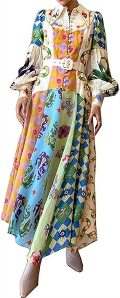 Women's Fashion Personalized Graffiti Lantern Bubble Sleeve Long Irregular Shirt Dress | Amazon (US)