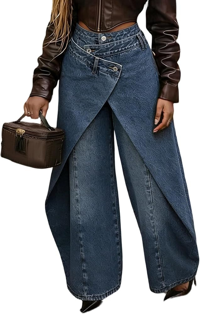 Women High Waisted Asymmetry Button Wrap Baggy Wide Leg Jeans | Amazon (US)