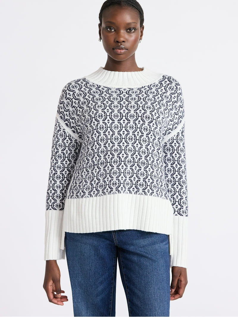 Free Assembly Women's Patterned Mock Neck Sweater with Tall Cuffs, Midweight, Sizes XS-XXL | Walmart (US)