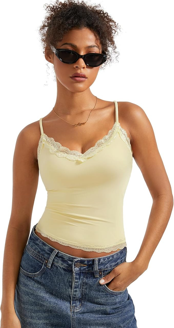 SUUKSESS Women Padded Lace Double Lined Tank Tops Sexy V Neck Summer Going Out Top | Amazon (US)