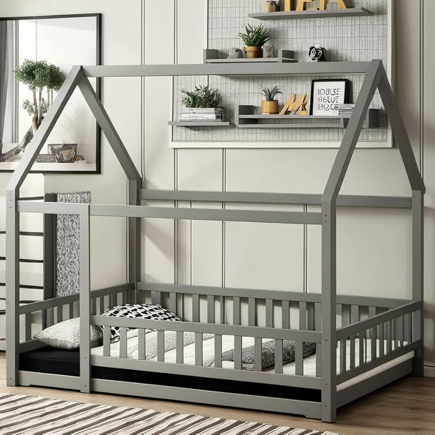 Toddler Floor Wooden Bed for Kids Bedroom,Full Size House Bed with Fence for Boys, Girls, No Box ... | Amazon (US)
