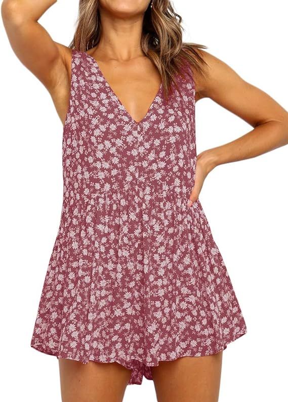 Bigyonger Womens Summer Floral Print Sleeveless Romper V Neck Shoulder Tie Strap Mini Playsuit | Amazon (US)