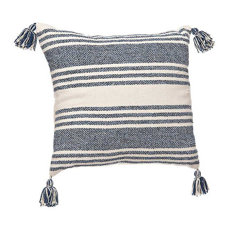 New! Cream and Blue Stripe Outdoor Pillow | Kirkland's Home