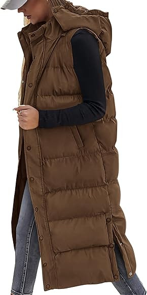 BTFBM Long Puffer Vest Women Quilted Hooded Button Down Zip Up Sleeveless Vests Outerwear Padded ... | Amazon (US)