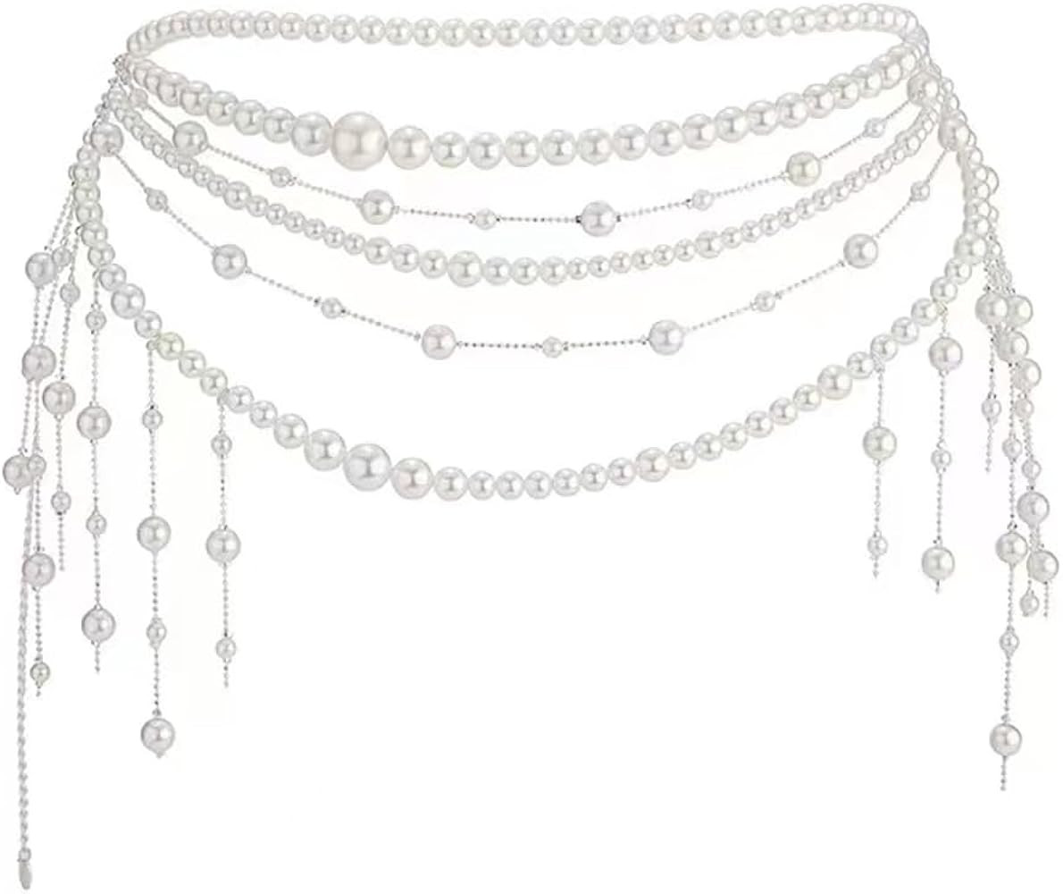 Tassel Waist Chain Body Chain White Pearl Wedding Bridal Dress Belt | Amazon (US)