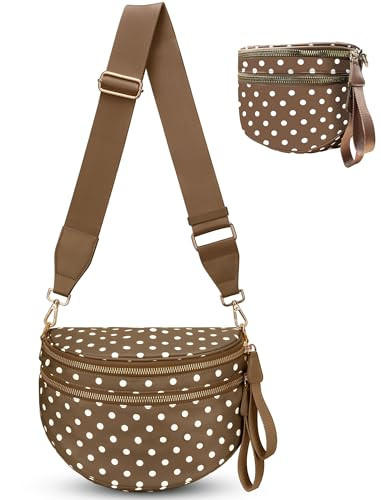 Spacious Crossbody Bag Bum Bag for Women, Dot Print Checkered Purse Nylon Fanny Pack Belt Bag(Coffee) | Amazon (US)