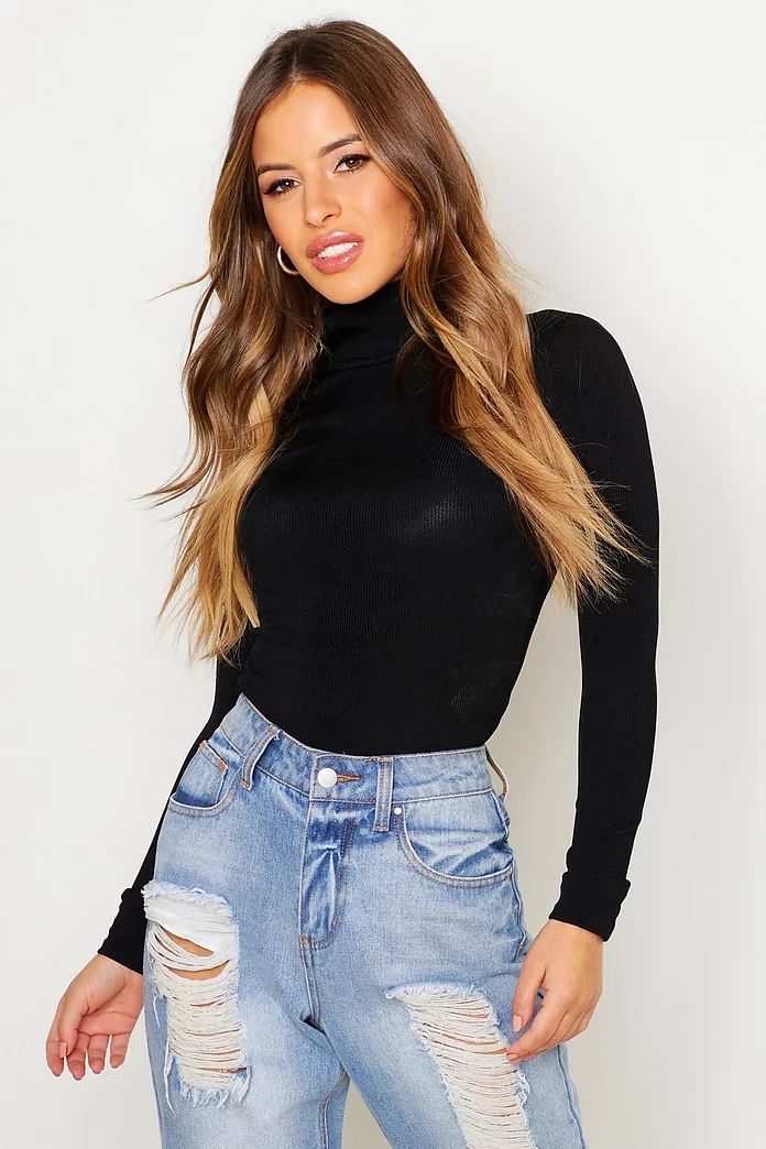 Petite Rib Long Sleeved Turtle Neck Top | Boohoo.com (US & CA)