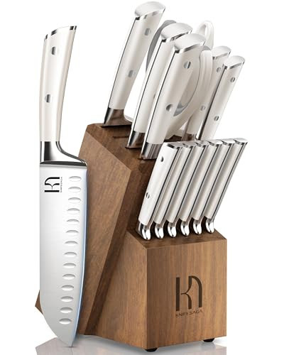 KnifeSaga Kitchen Knife Set Premium, Japanese High Carbon Stainless Steel 15 Pcs Enduring Ultra Sharp Knife Block Set with Sharpener and Wood Block, Professional White Chef Knives set for Kitchen | Amazon (US)