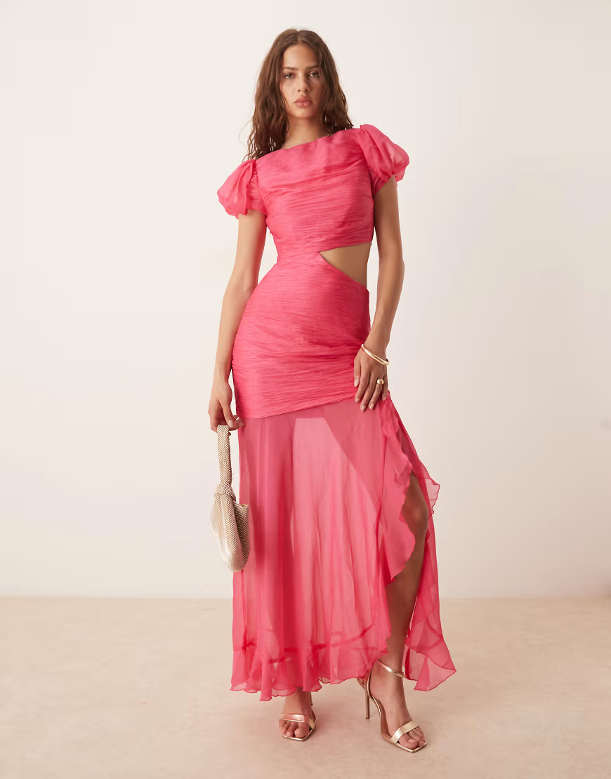 ASOS DESIGN ruched bodice cut out dropped waist maxi dress in raspberry-pink | ASOS (Global)