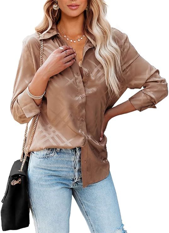 BTFBM Women's Satin Button Down Shirts Roll Up Long Sleeve Lapel V Neck Loose Casual Work Spring ... | Amazon (US)