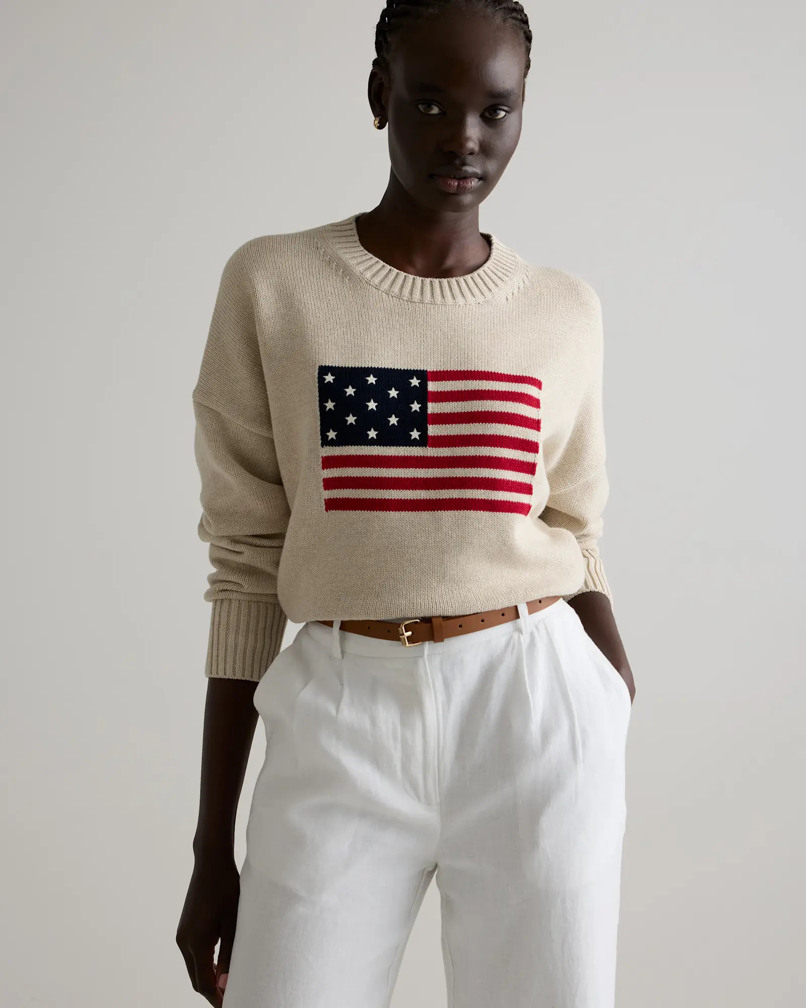 Women's 100% Organic Cotton Flag Sweater in Speckled Beige Flag | Quince