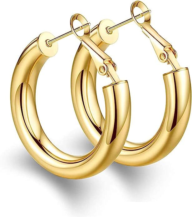 Thick Gold Hoop Earrings - Lightweight Chunky Gold Hoops for Women Hypoallergenic Big Howllow Tub... | Amazon (US)