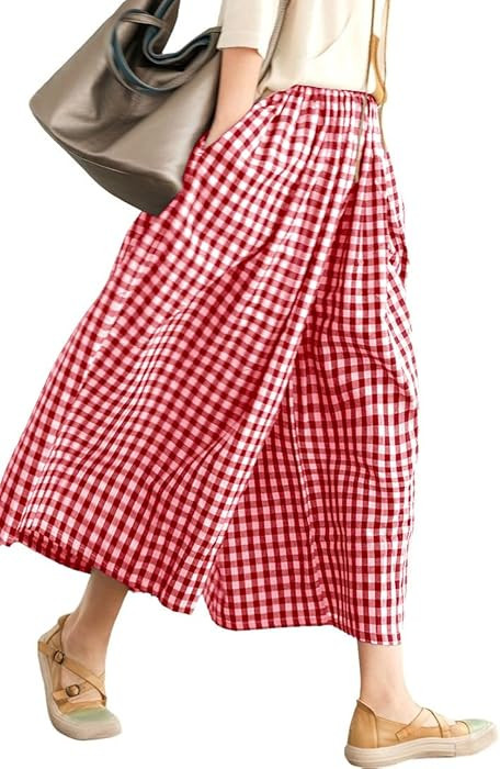 chouyatou Women's Cotton Linen Pants Elastic Waist Plaid Gingham Wide Leg Capri Palazzo Pants (Me... | Amazon (US)