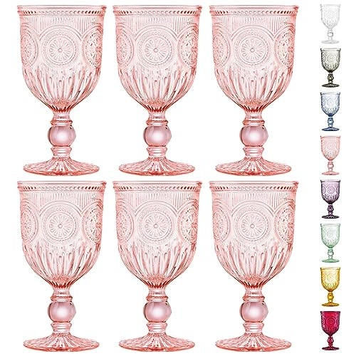 Yungala Pink Wine Glasses set of 6 pink goblets, dishwasher safe vintage pink glassware, pink drinking glasses for a baby shower, wedding, or fancy glassware for everyday. | Amazon (US)