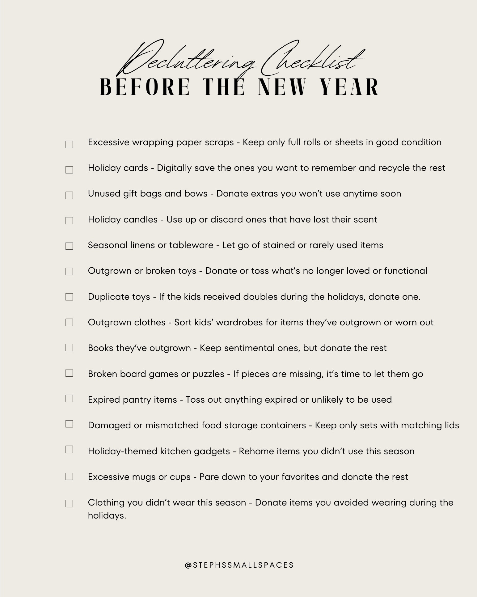 Grab your free, decluttering checklist, and get started on your decluttering journey today! 

Just screenshot and check off as you go.

Plus, a few of my favourite decluttering tools below.

#LTKHome #LTKHoliday #LTKSeasonal