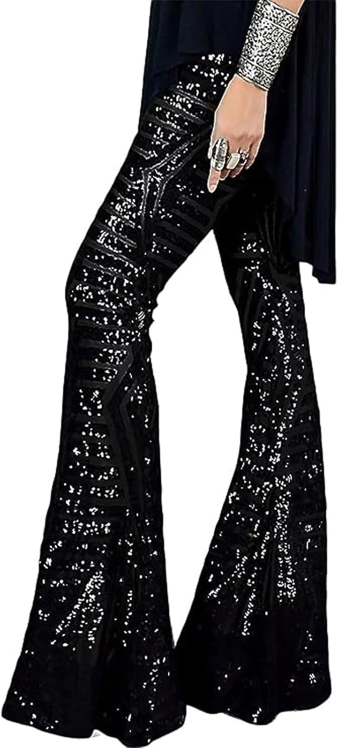 UOIGHF Womens Sequin Pants High Waisted Sparkle Bell Bottoms Trousers Glitter Wide Leg Flare Pant... | Amazon (US)