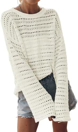 Sidefeel Womens Fall Sweaters 2025 Lightweight Casual Long Sleeve Crochet Hollow Out Knit Pullove... | Amazon (US)