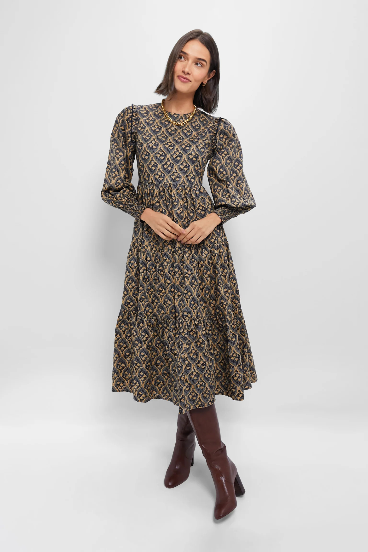 Navy & Tan Floral Anja Midi Dress | Tuckernuck (US)