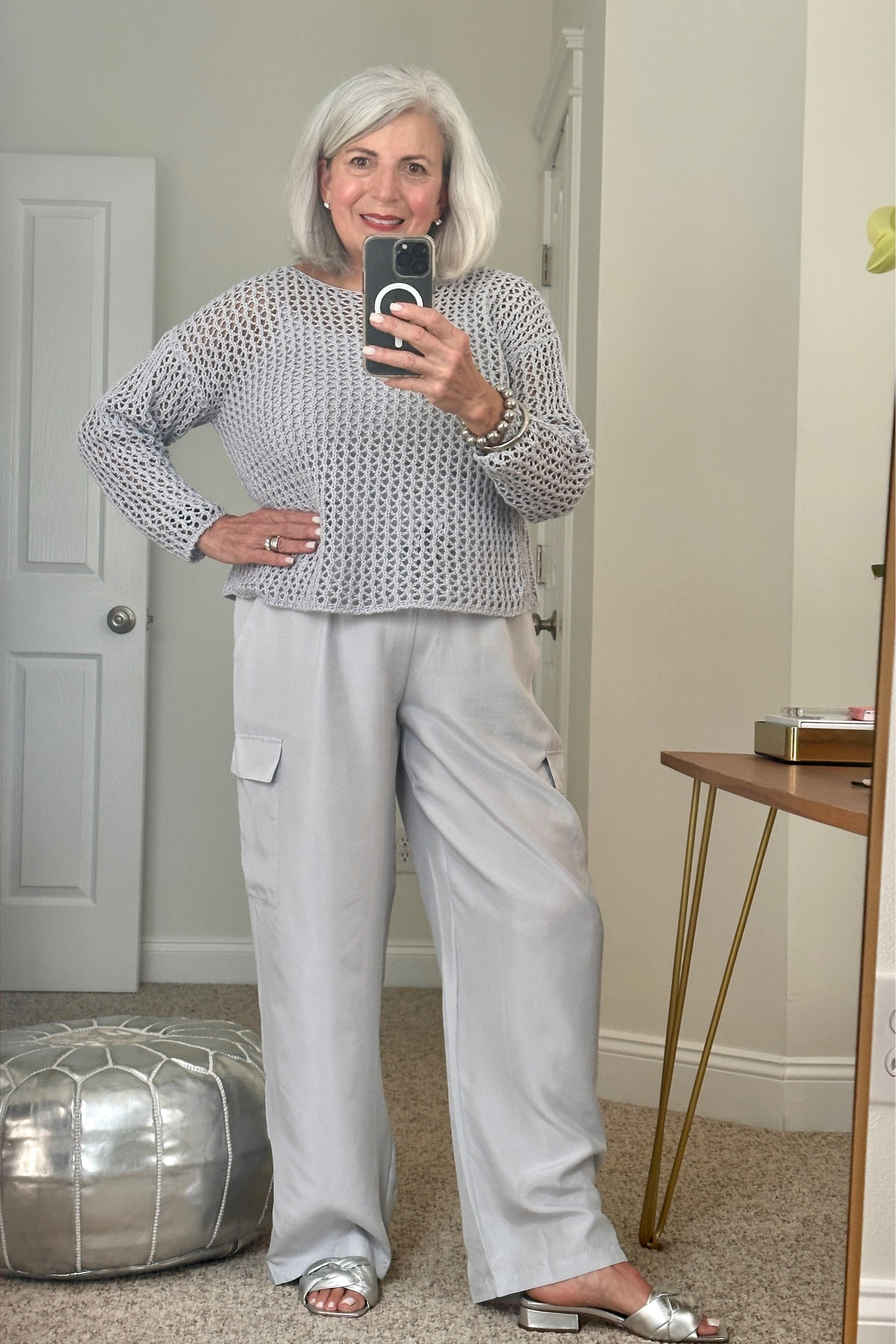 Crochet anything is in!!   And that this look is Silver/gray is a win!!🩶🤍 

This gray "crochet" bateau top is made with Peruvian Organic Cotton and these silver washed Silk cargo pants are so cool!    This look will take you through the fall especially if you live in warmer weather like me!! 



#LTKTravel #LTKStyleTip