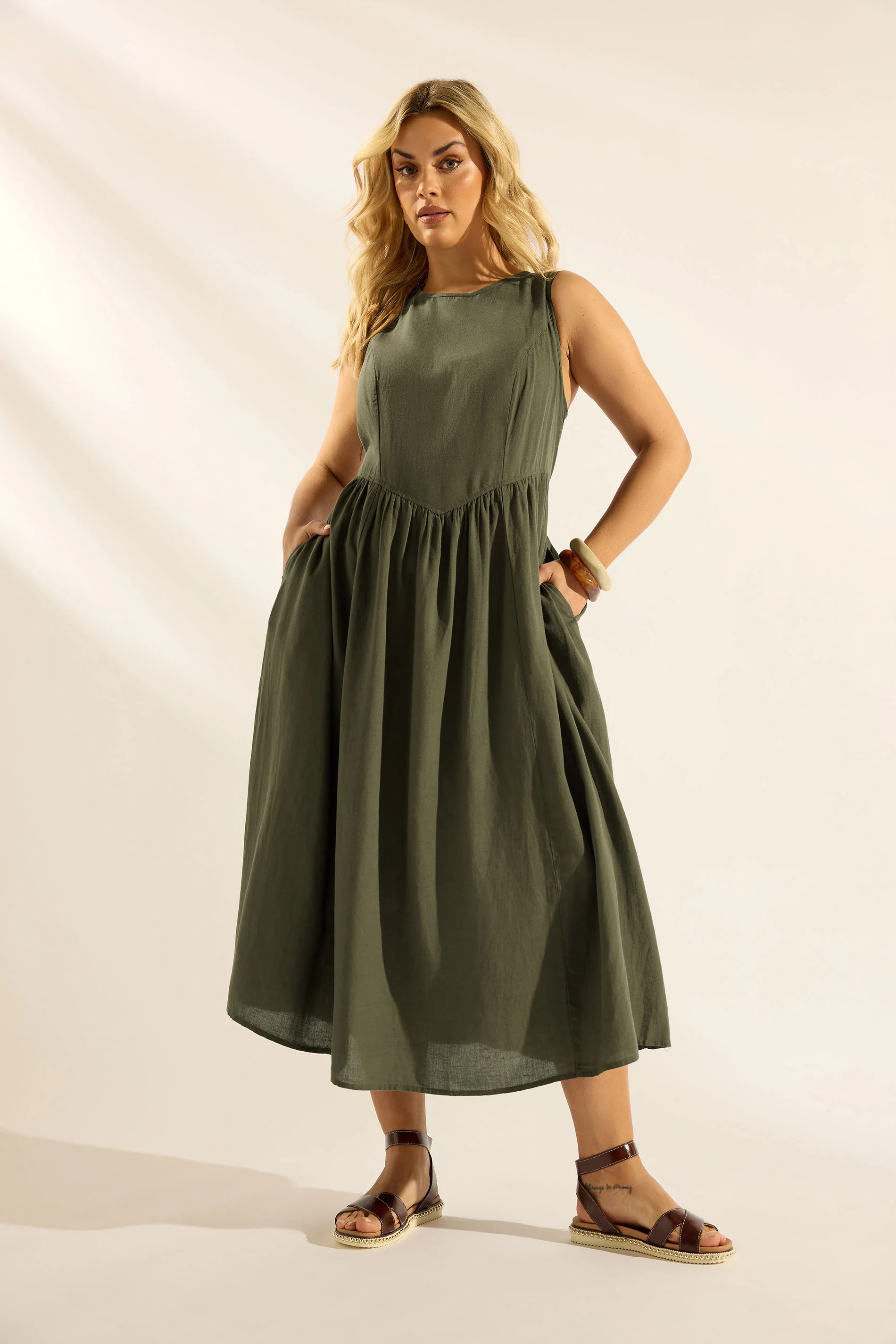 YOURS Plus Size Khaki Green Sleeveless Linen Midi Dress | Yours Clothing UK