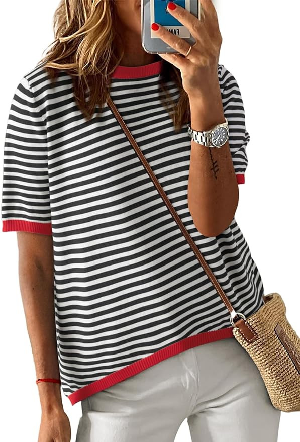 Dokotoo Womens Tops 2026 Casual Summer Crewneck Short Sleeve Striped Color Block Knit High Low Tr... | Amazon (US)