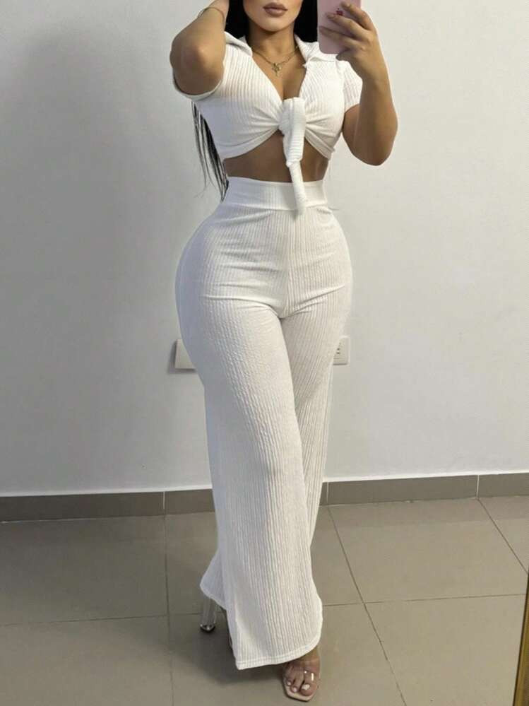 SHEIN Slayr Casual White Short Sleeve Lapel V-Neck Tie Front Crop Top  And Straight-Leg Pants Set | SHEIN