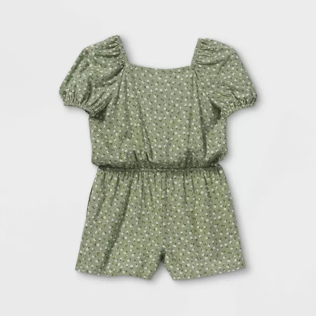 Toddler Girls' Floral Puff Sleeve Romper - Cat & Jack™ Olive | Target