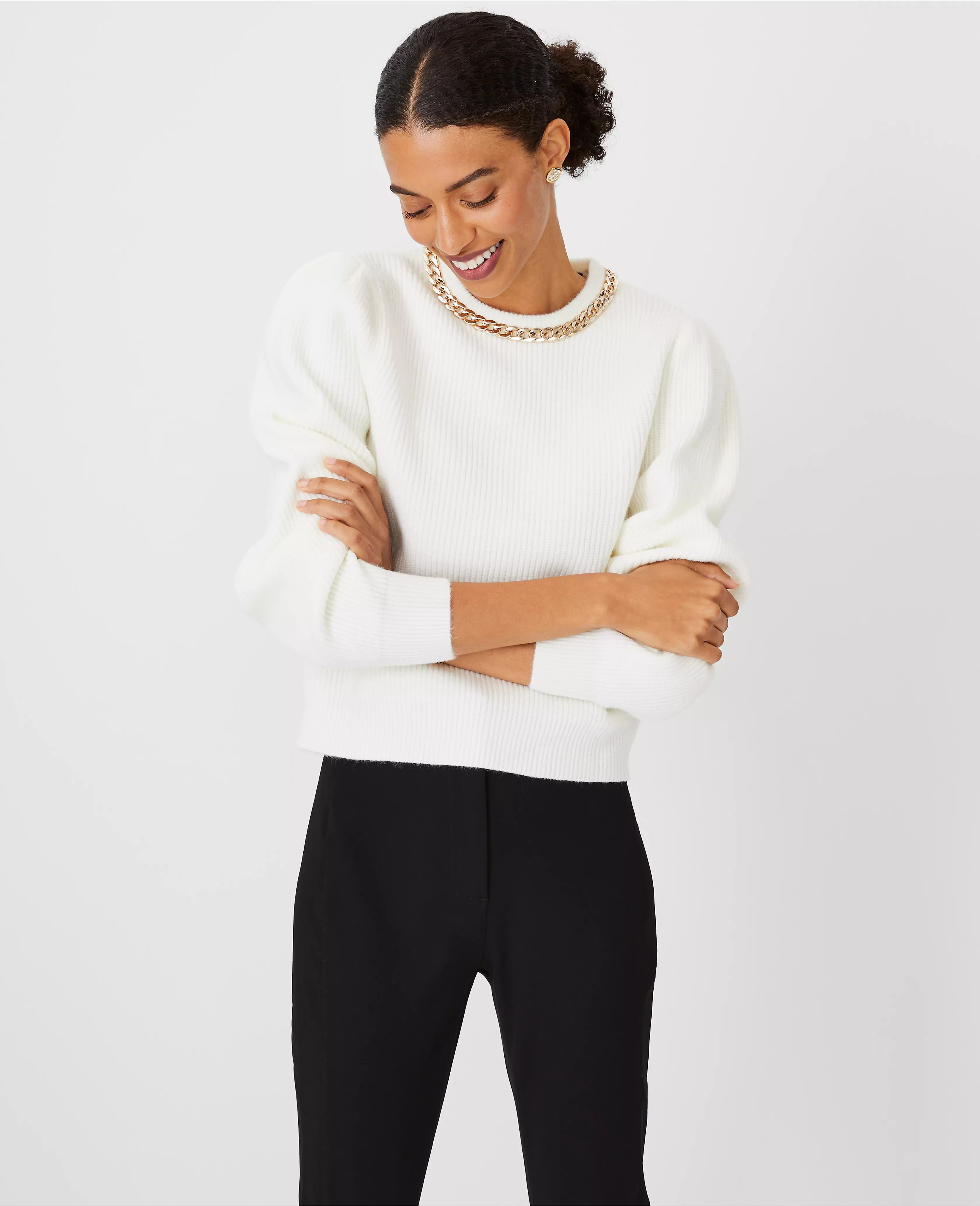 Petite Chain Puff Sleeve Sweater | Ann Taylor (US)