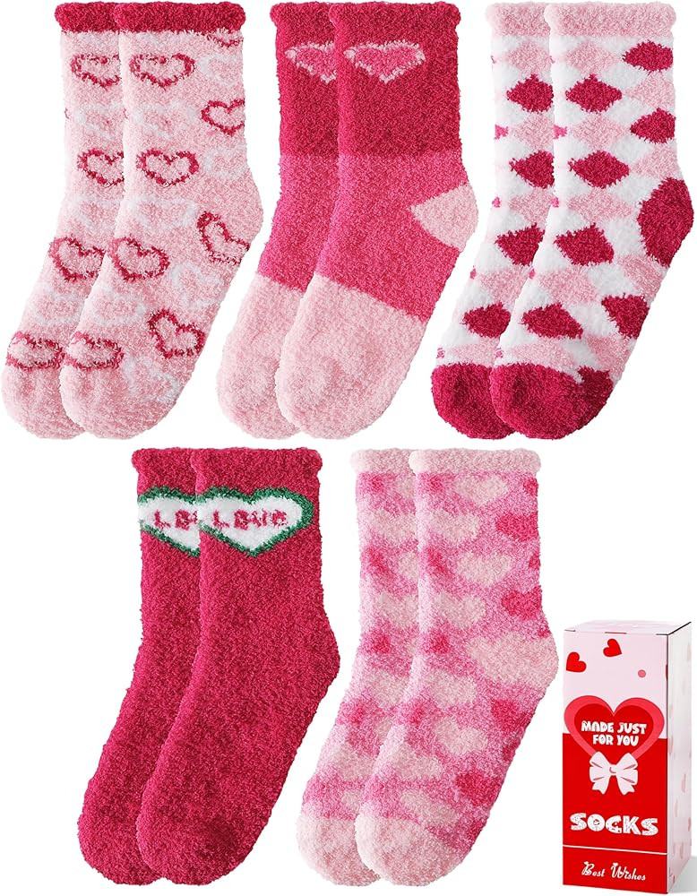 Womens Fuzzy Socks Warm Fluffy Cozy Winter Slipper Thick Fleece Heart Socks 5 Pairs | Amazon (US)
