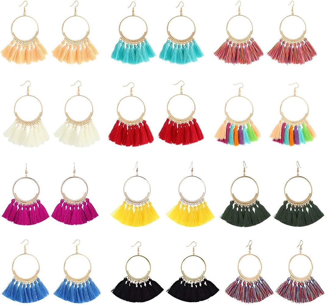 LANTAI 9-18 Pairs Colorful Bohemian Hoop Tassel Earrings Boho Earrings-Fashion Flower V Shape Tassel | Amazon (US)