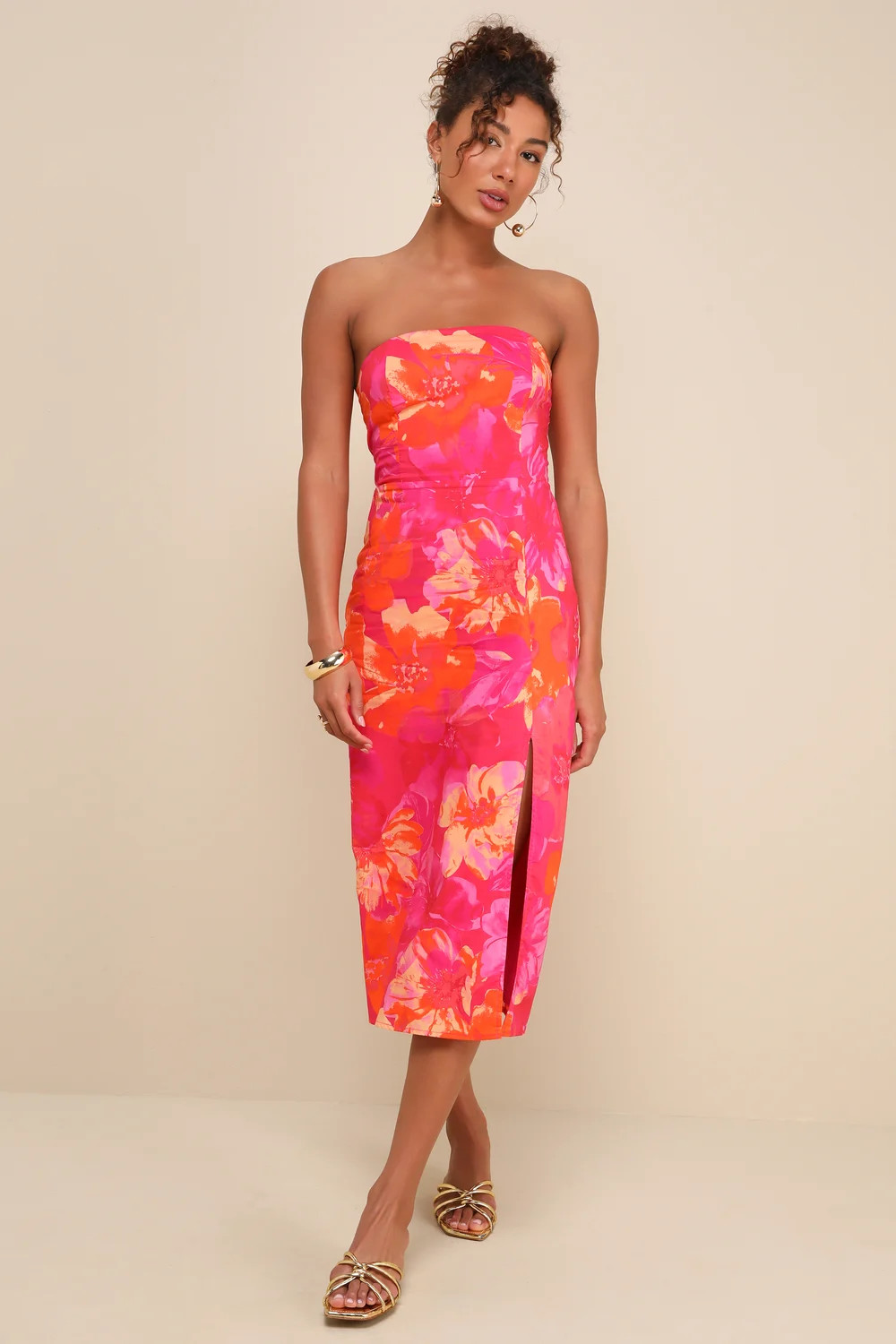 Bold Tendencies Fuchsia Floral Strapless Cutout Midi Dress | Lulus