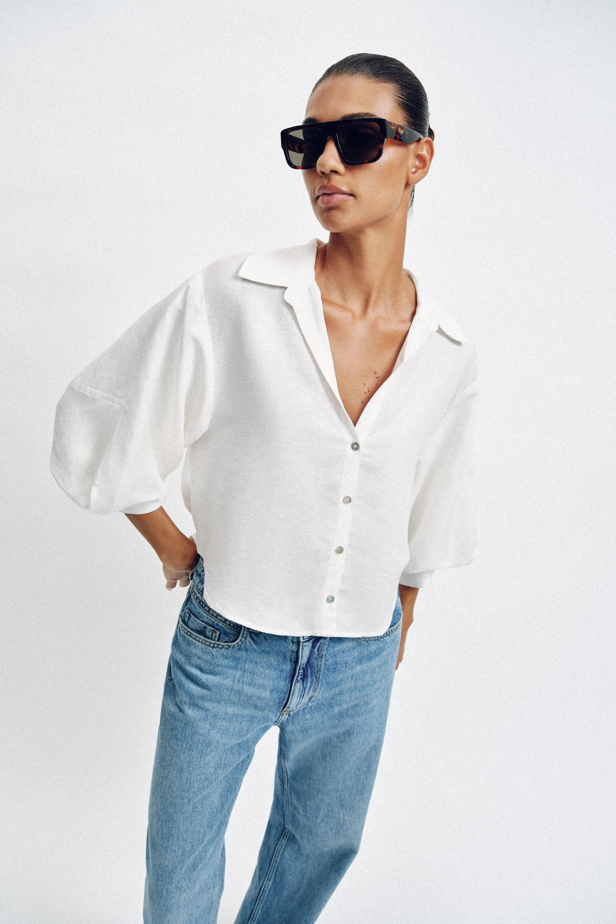 LINEN BLEND BALLOON SLEEVE SHIRT | Zara US