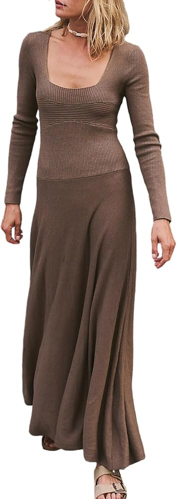 NIKDUCK Women Knitted Long Sleeve Maxi Dress Crochet Slim Fit Hollow Out Midi Dress Warm Party Cl... | Amazon (US)