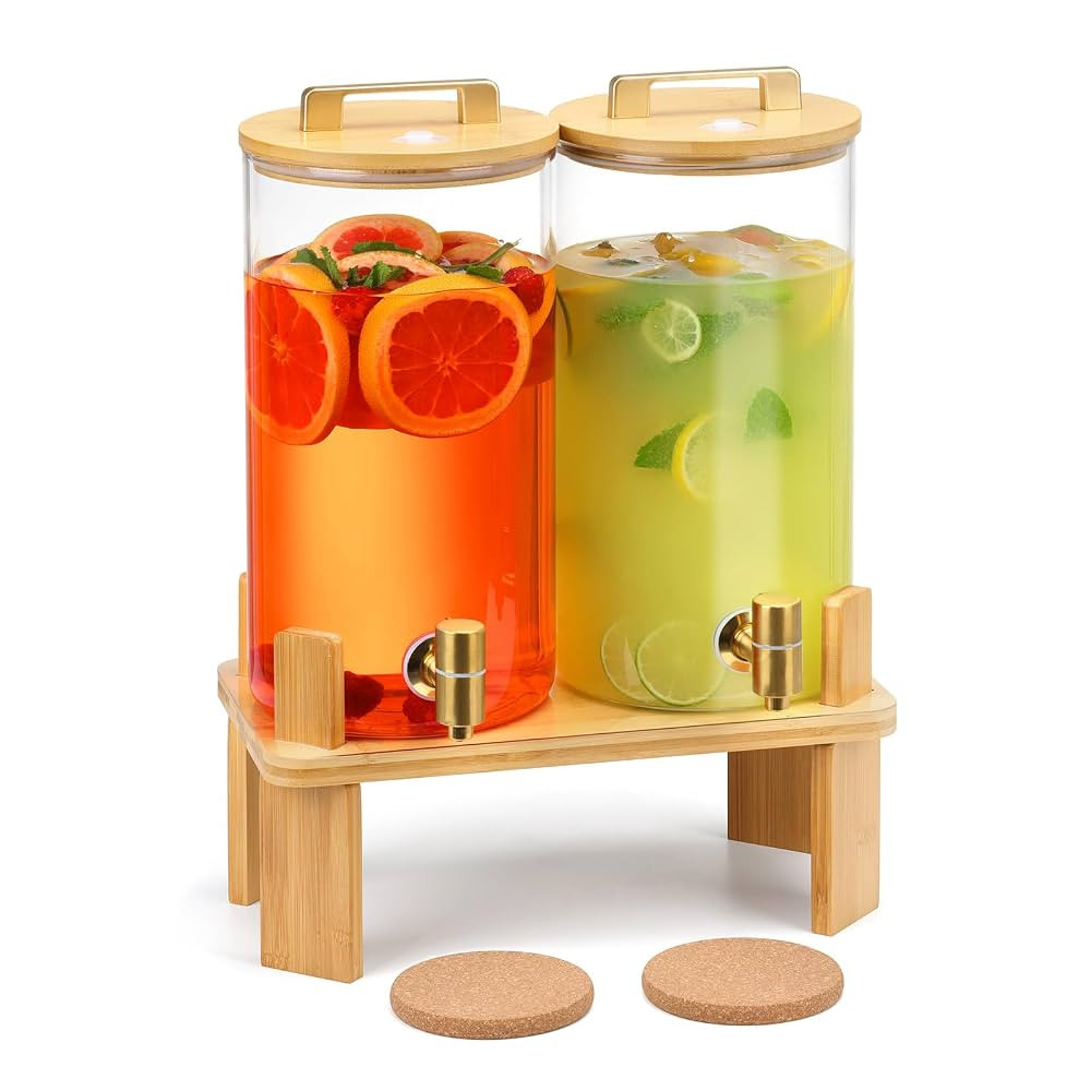 1.5 Gallon 2 PACK Glass Drink dispenser, Beverage Dispenser With Wood Stand, Lemonade Dispenser w... | Amazon (US)