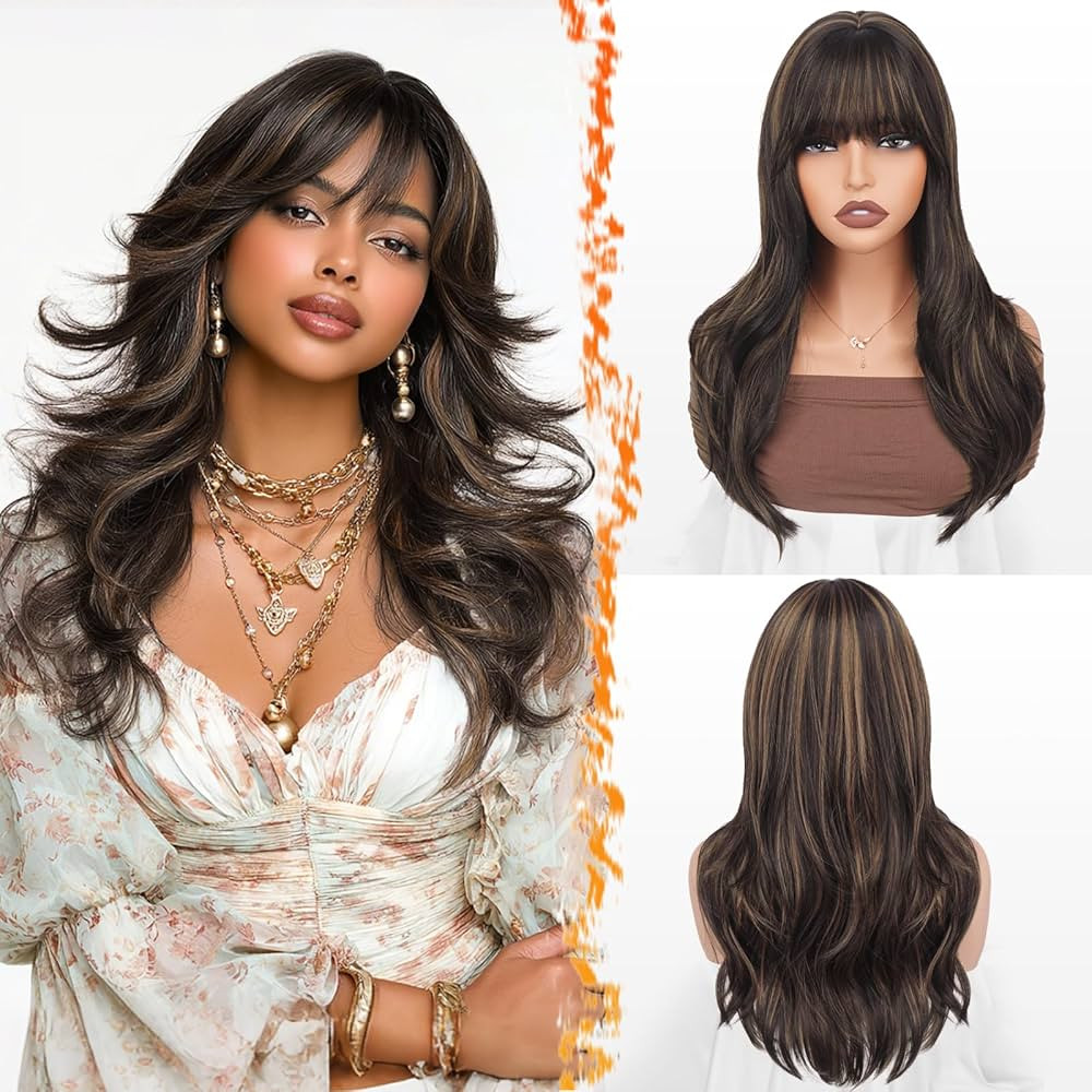 BARSDAR Dark Brown Mix Auburn Highlight Layered Wig with Bangs - 20 Inch Layered Wig with Bangs f... | Amazon (US)