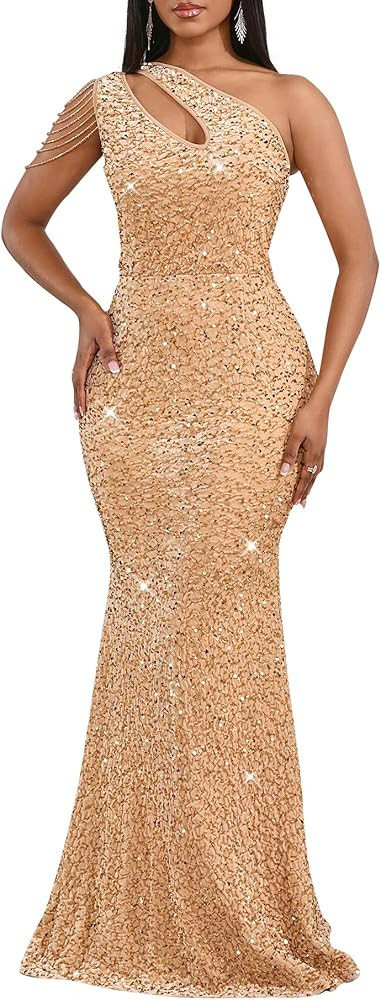 Cololura Women Sequin Elegant Sexy One Shoulder Tassel Mermaid Bodycon Cocktail Evening Dress | Amazon (US)