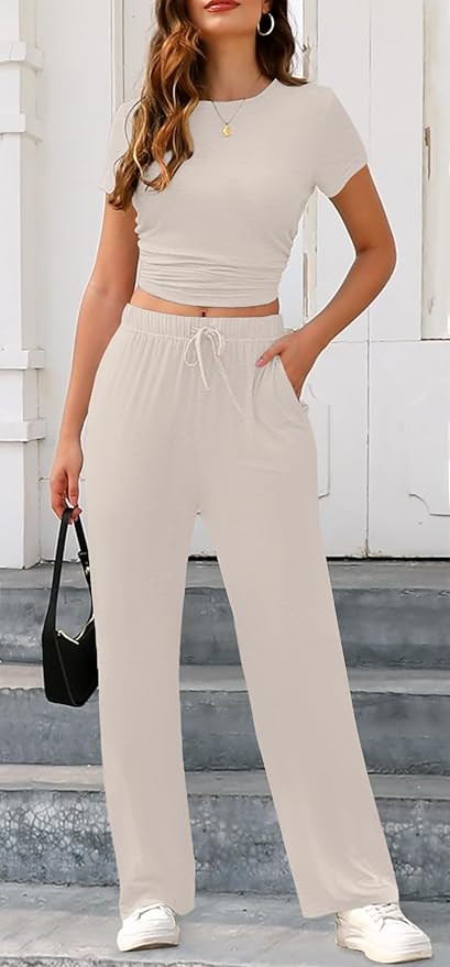 ETCYY NEW Women's two Piece Outfits Lounge Sets Short Sleeve Tops and High Waisted Wide Leg Pants... | Amazon (US)