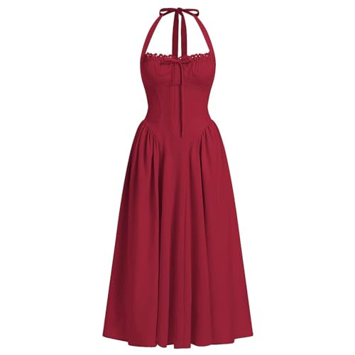 Corset Dress Red Halter Neck Dress Womens Floral Summer Sleeveless Halter Neck Flowy Ruffle Hem Long Boho Dresses Wedding Guest Dresses Corset Midi Sundress Bustier Dress Red L | Amazon (US)