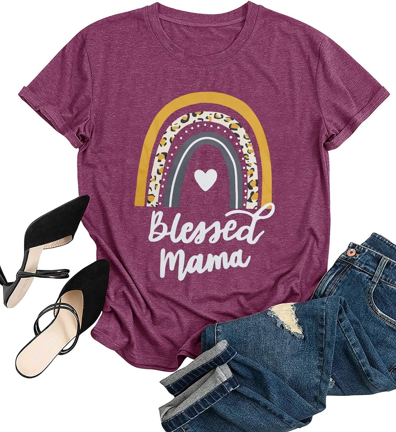 Blessed Mama T Shirt Women Funny Rainbow Graphic Tees Mother Gifts Casual Tops Blouse | Amazon (US)