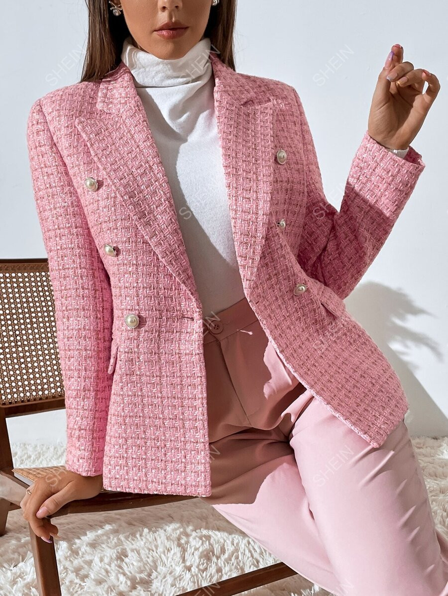 SHEIN Privé Plaid Print Double Breasted Blazer Workwear | SHEIN