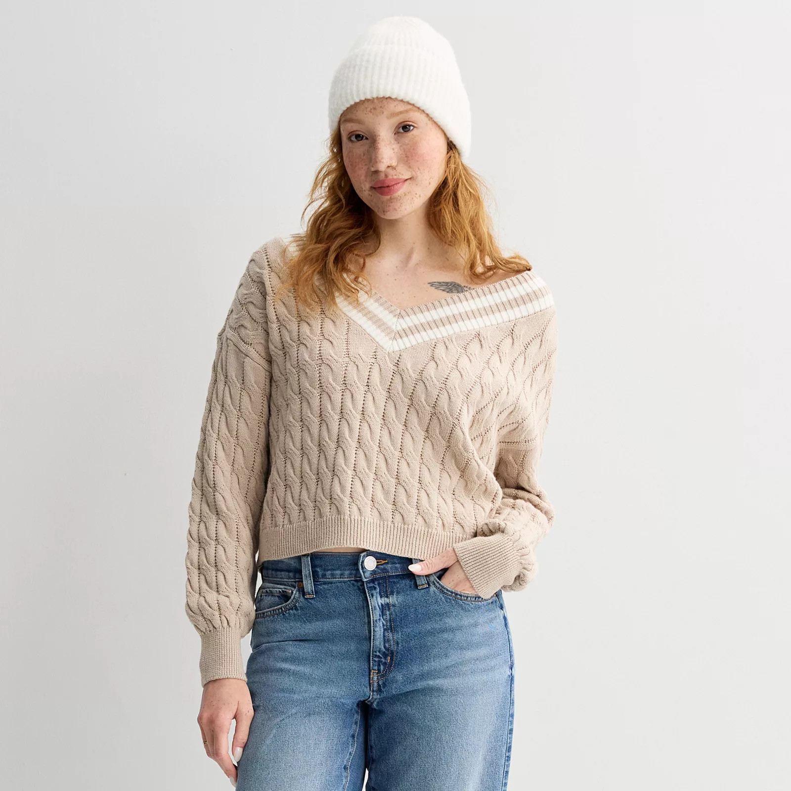 Juniors' Pink Republic V-Neck Cable Pullover Sweater | Kohl's