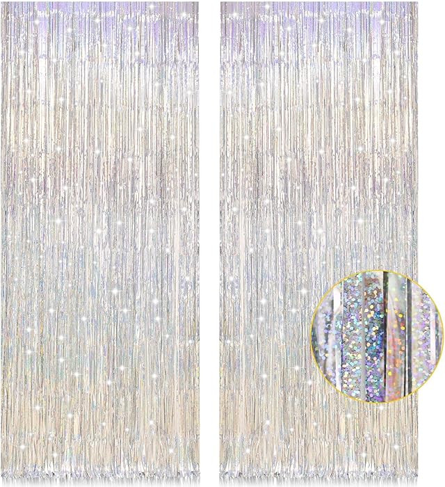 2 Pack 3.2ft x 8.2ft Silver Metallic Tinsel Foil Fringe Curtains, Door Streamer Photo Booth Backd... | Amazon (US)