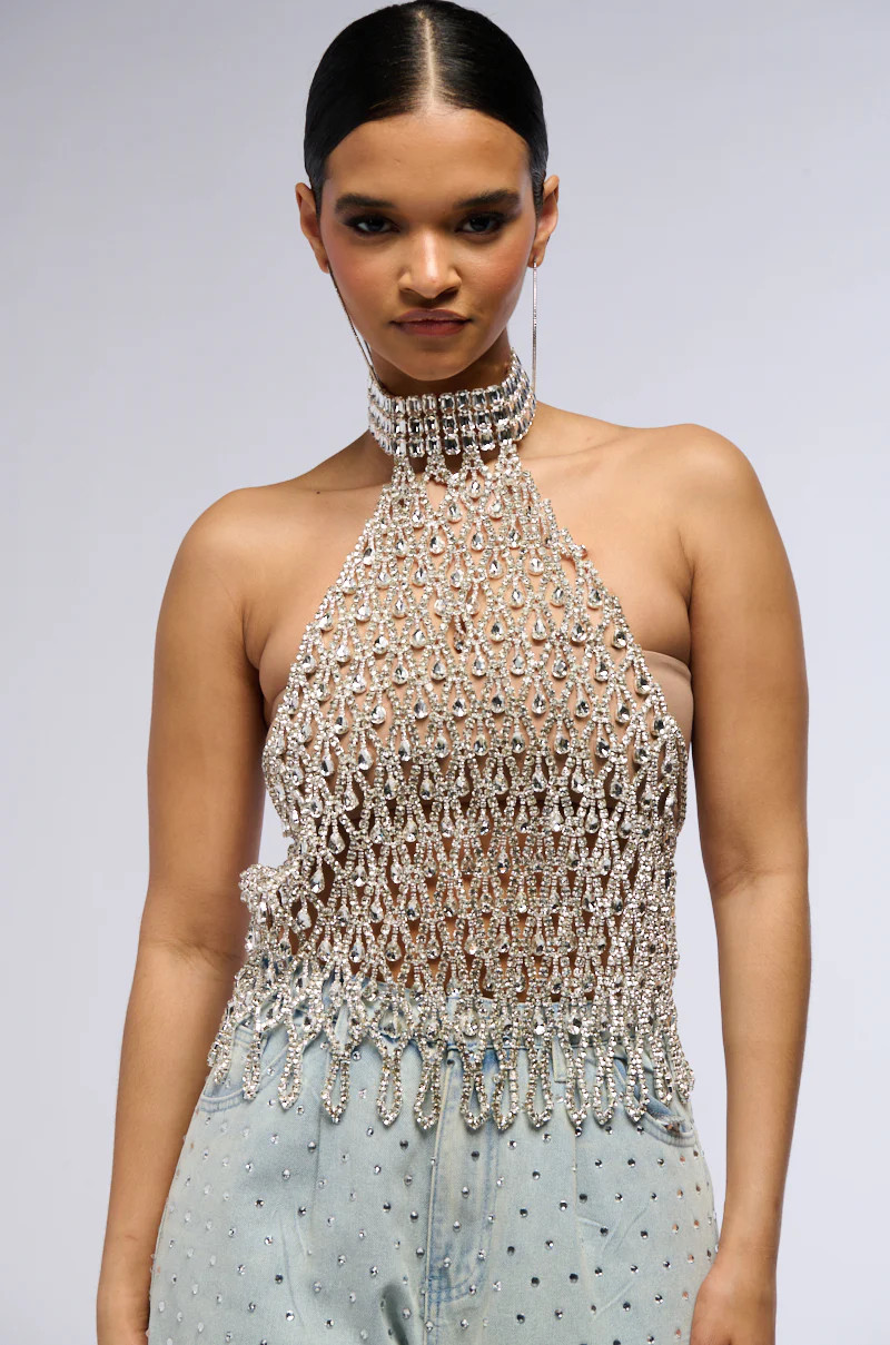 LOREN RHINESTONE HALTER NECK TOP IN SILVER | AKIRA