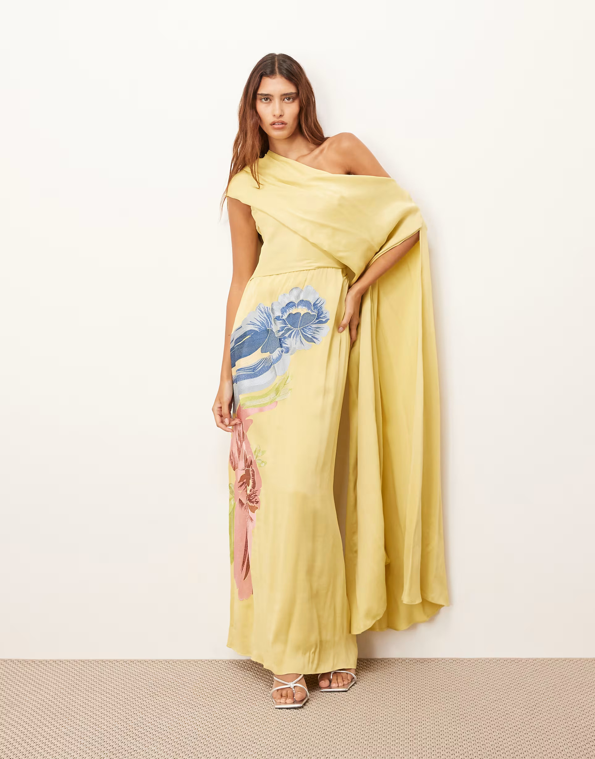 ARRANGE distorted floral embroidered fallen shoulder drape maxi dress in olive | ASOS (Global)