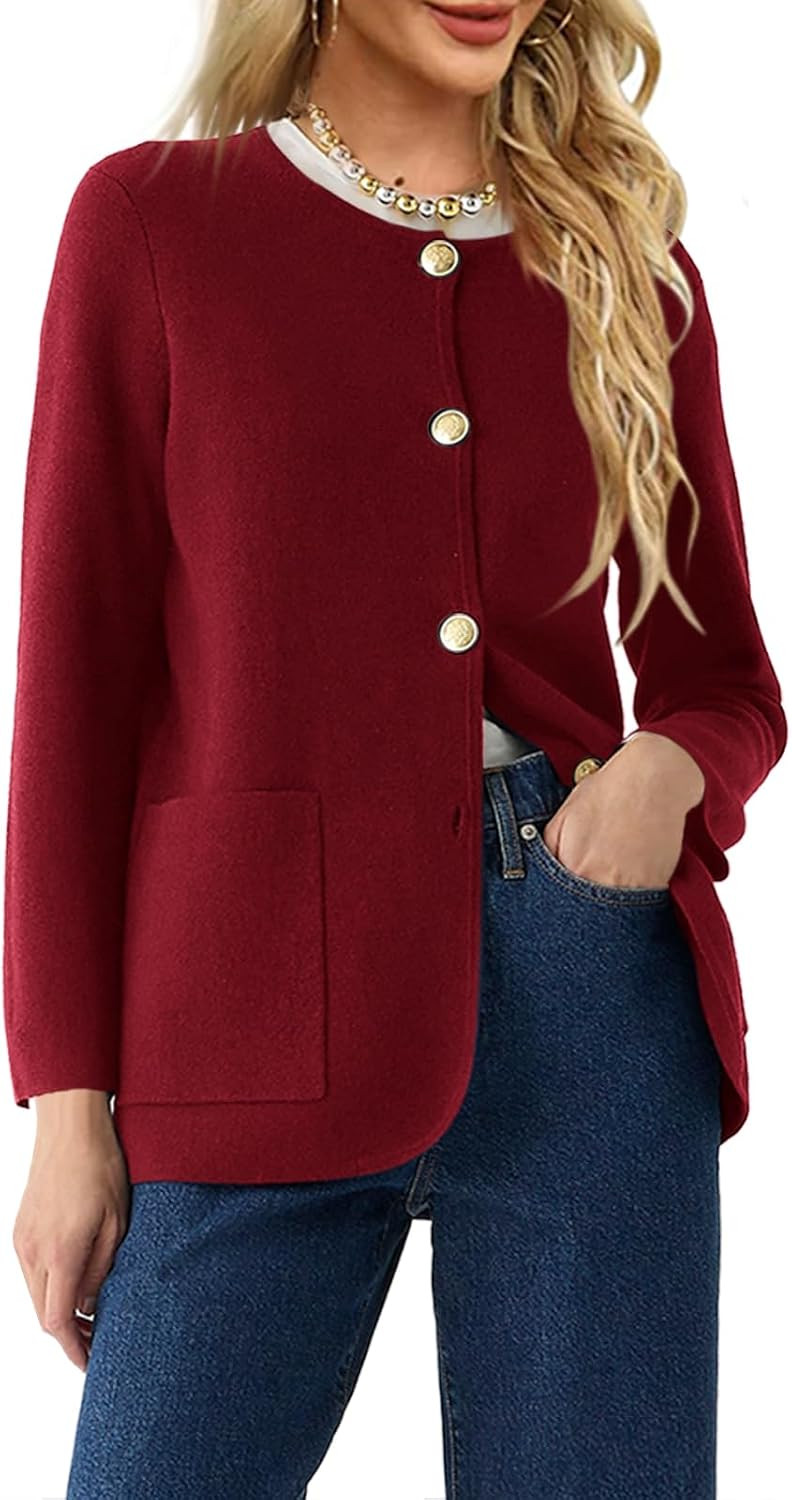 Langwyqu Womens Crew Neck Cardigan Sweaters Blazer Long Sleeve Knit Jacket | Amazon (US)
