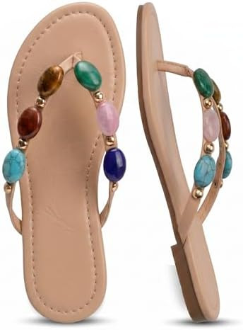 Oakmoo Women Jewelled Thong Strap Open Round Toe Flip Flops Comfy Slip on Flats Sandals Casual Su... | Amazon (US)
