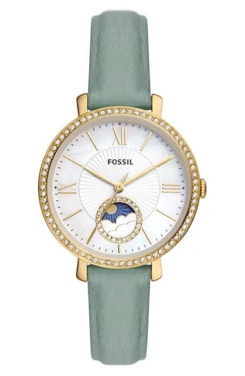 Fossil Jacqueline Sun/Moon Leather Strap Watch, 36mm in Green at Nordstrom | Nordstrom