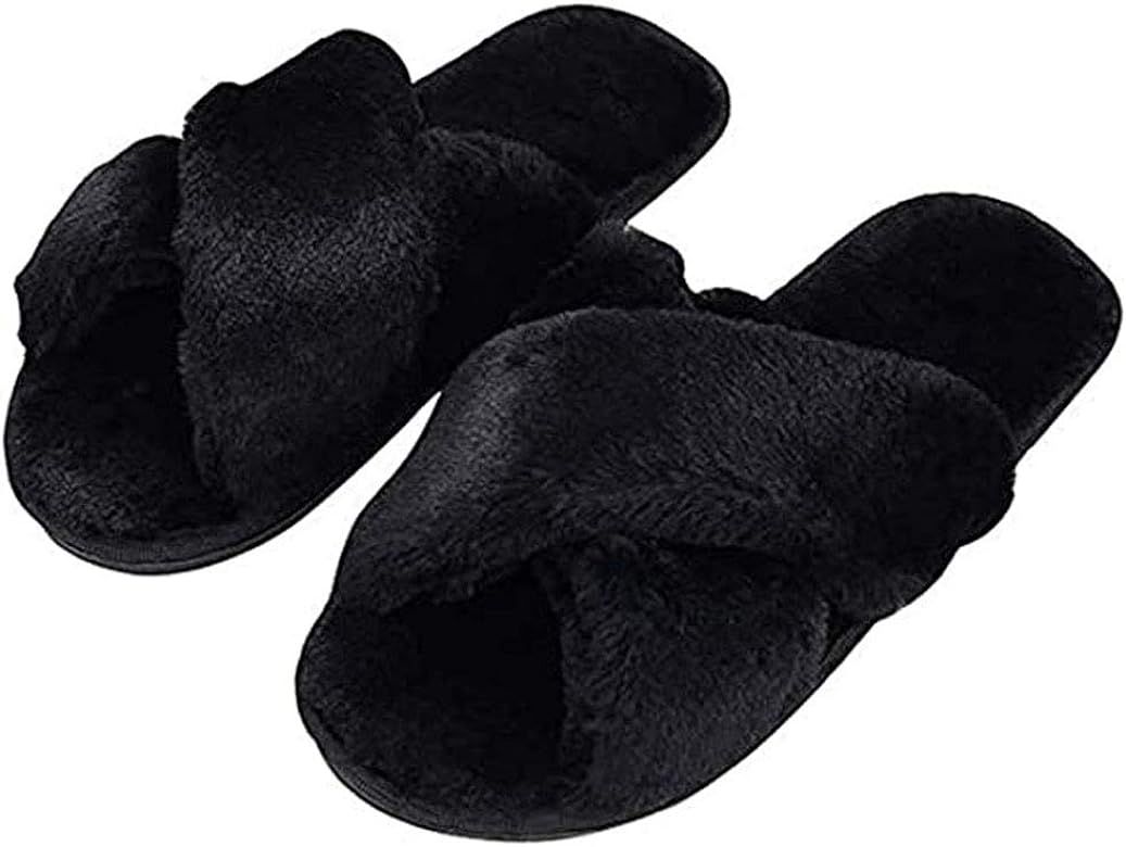 HUMIWA Womens Faux Fur Slippers Warm Fussy Flip Flop House Slippers Open Toe Home Slippers for Girls | Amazon (US)
